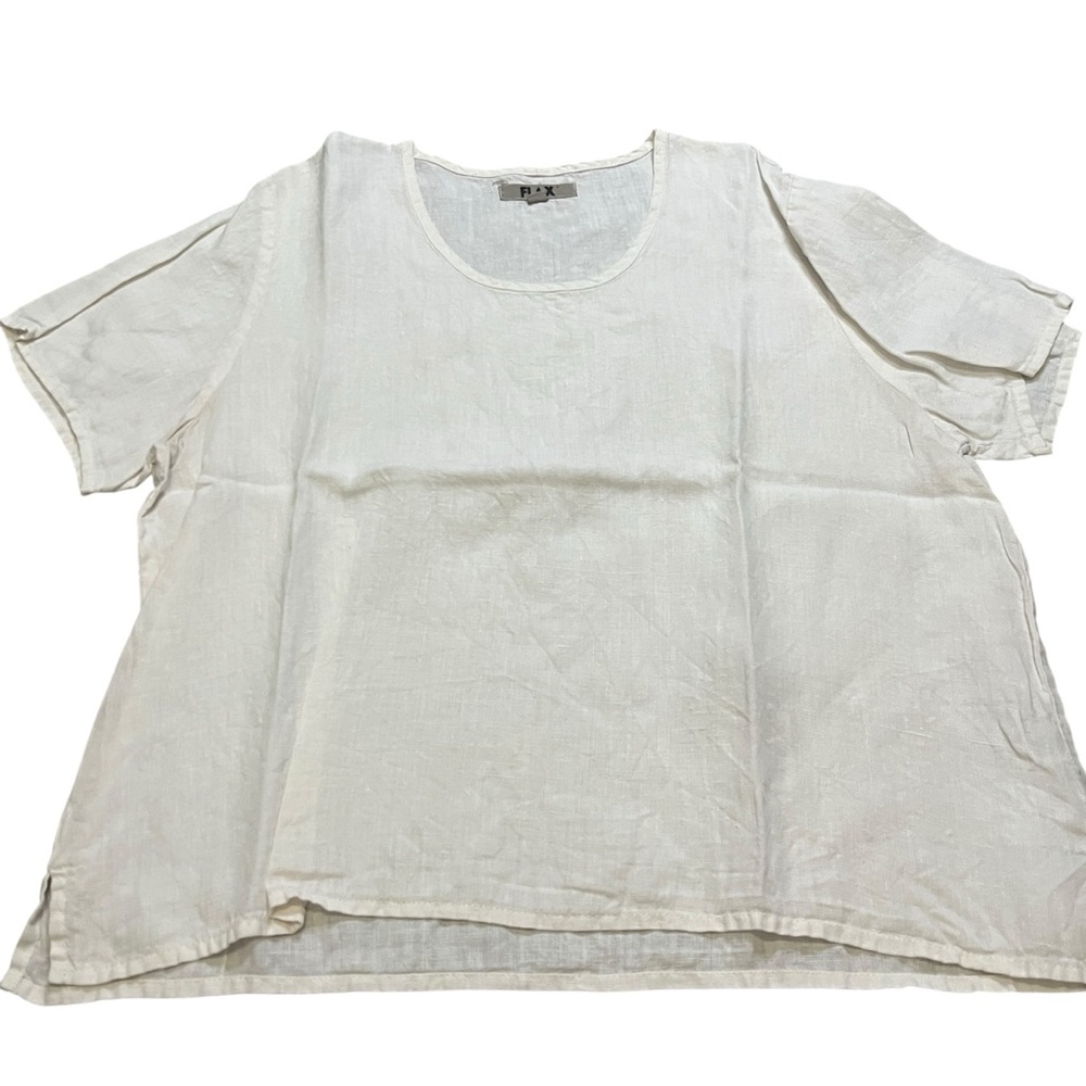 Flax Womens Ivory Linen Short Sleeve Top Lagenlook Size Large Scoop Neck Loose